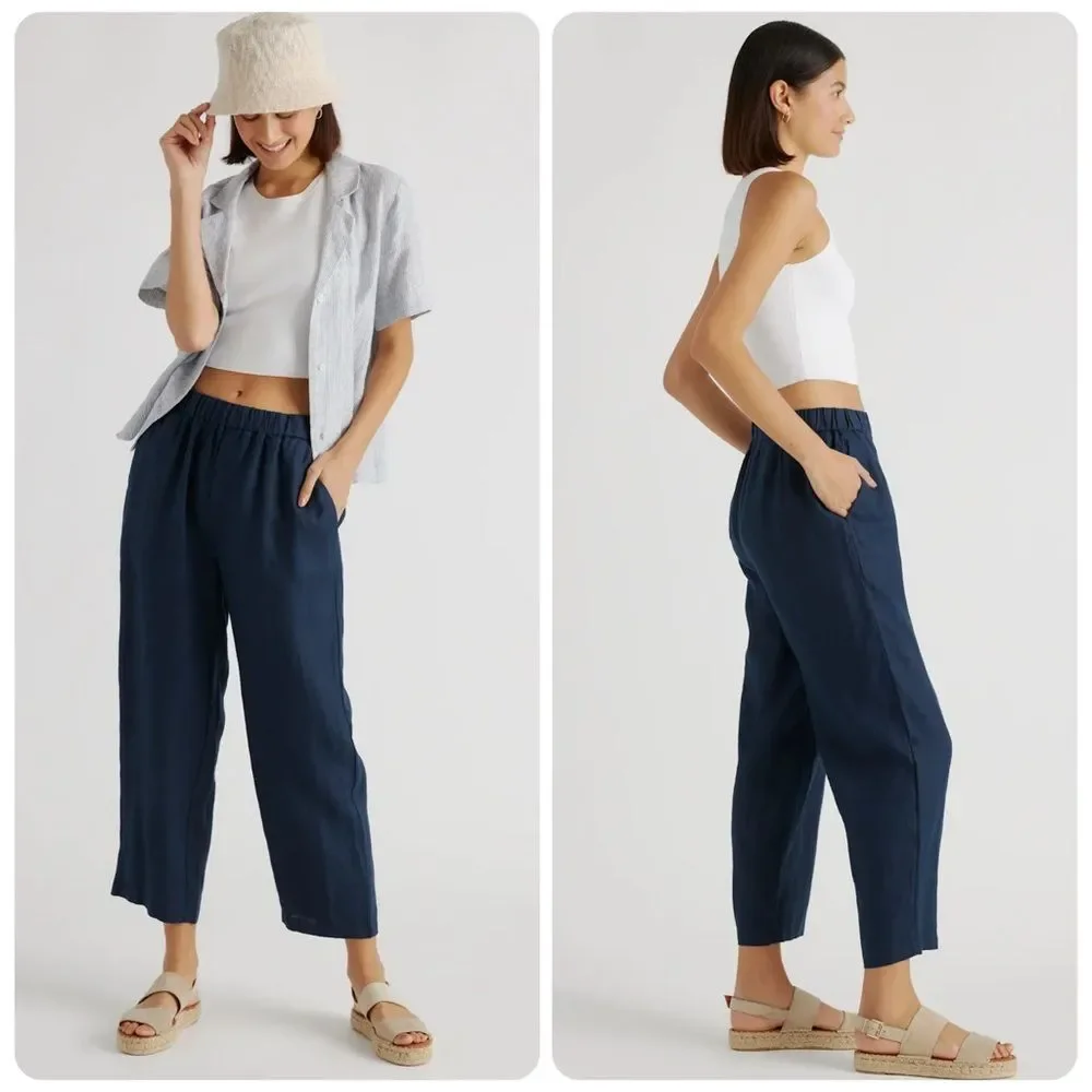 Quince 100% European Linen Cropped Pants in Deep Navy | Small